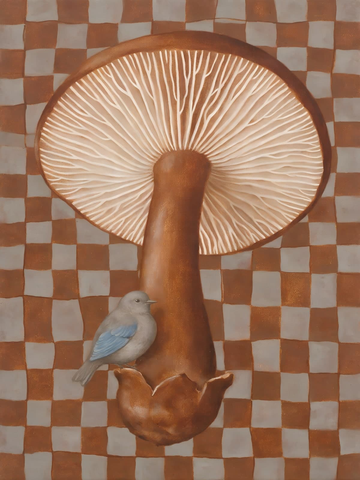 Grote paddenstoel met blauw vogeltje op ruitpatroon