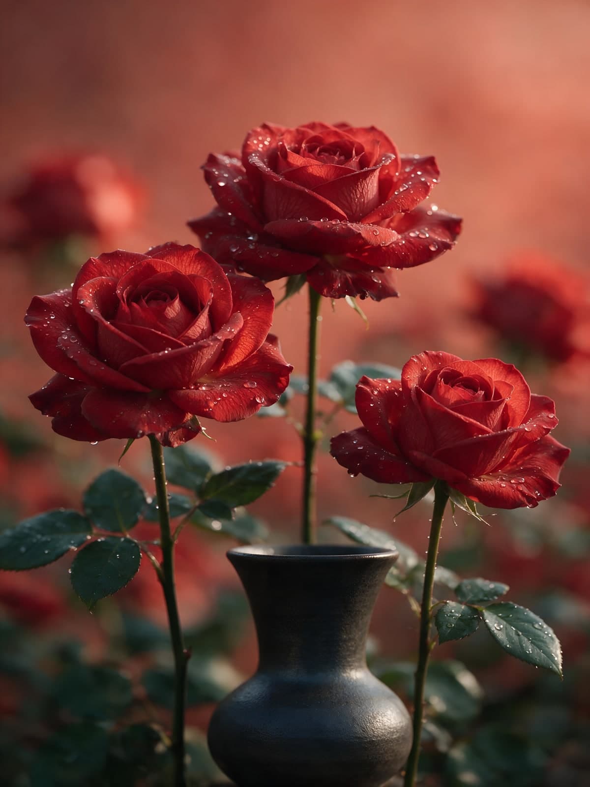 Drie rode rozen boven een zwarte vaas