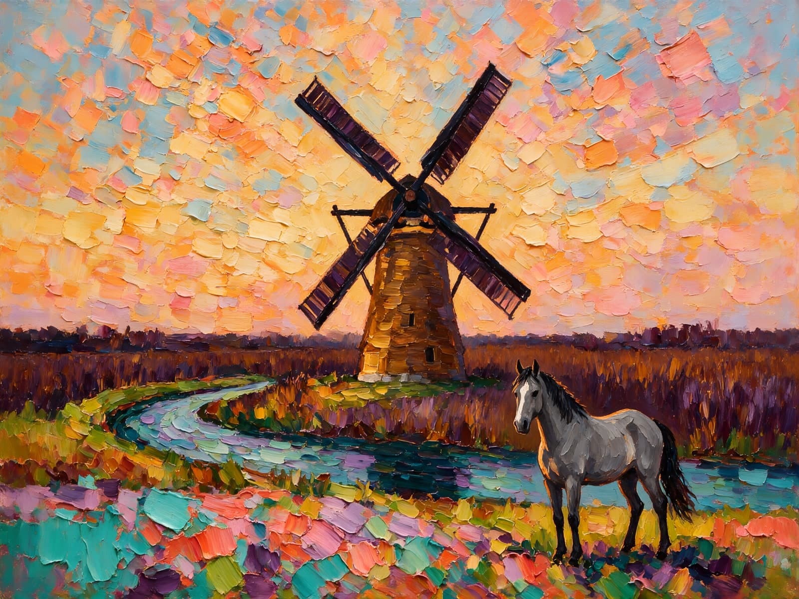 Molen en grijs paard langs een beek