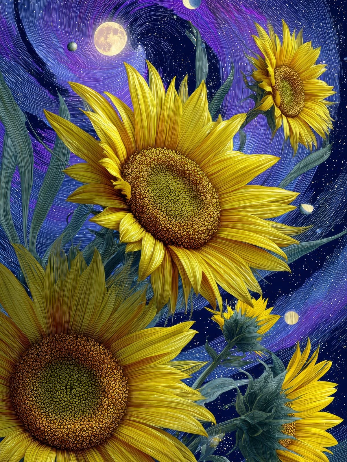 Zonnebloemen onder een wervelende paarse hemel