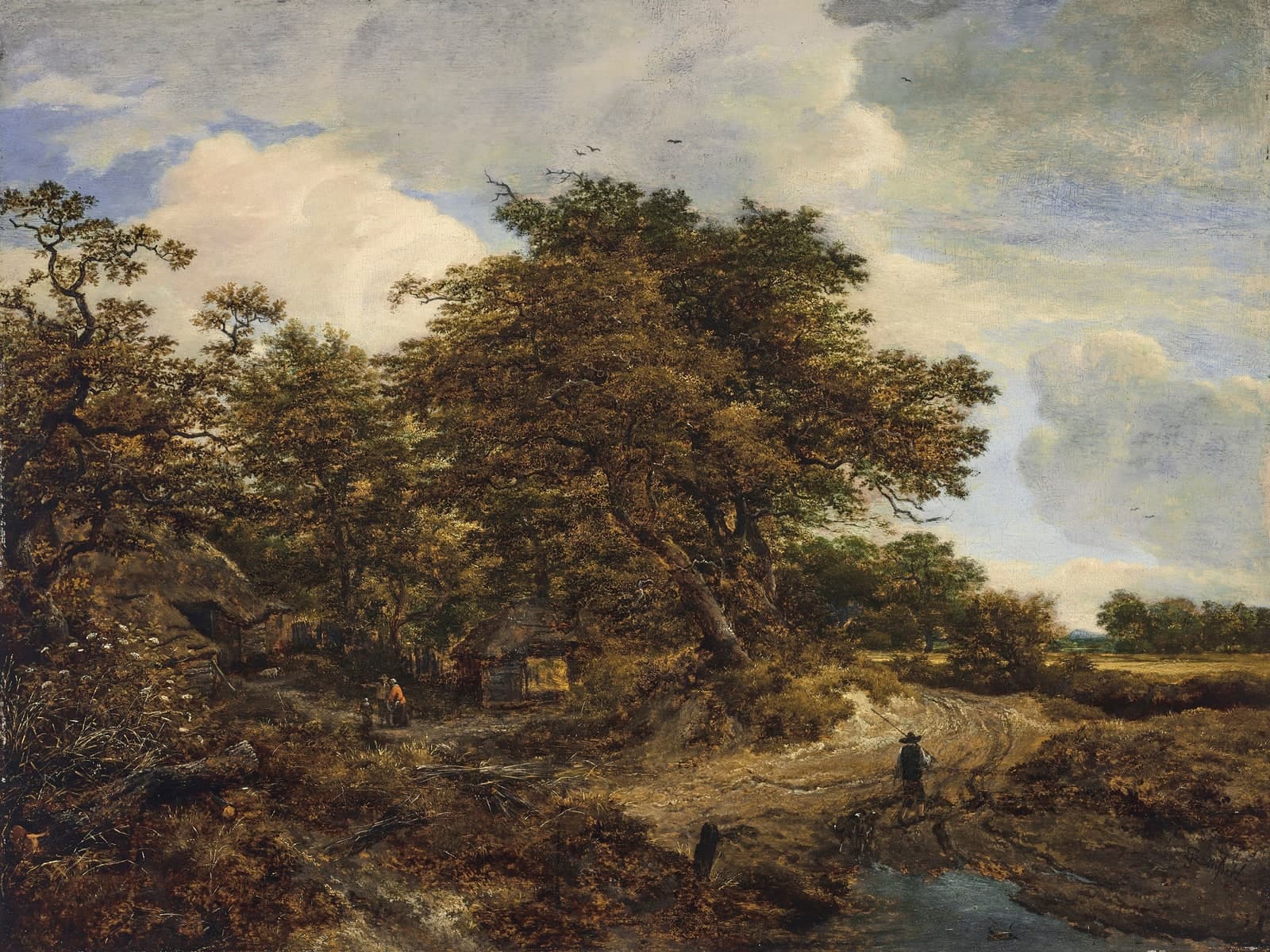 Een bosrijk landschap met huisjes en een figuur