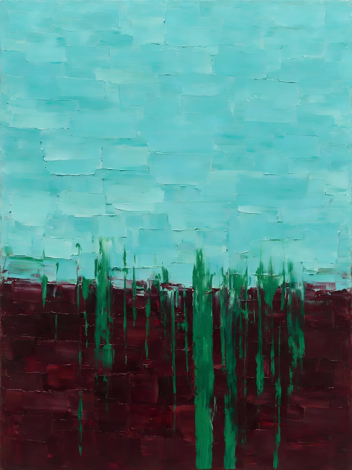 Turquoise lucht boven donkerrood met groene druppels