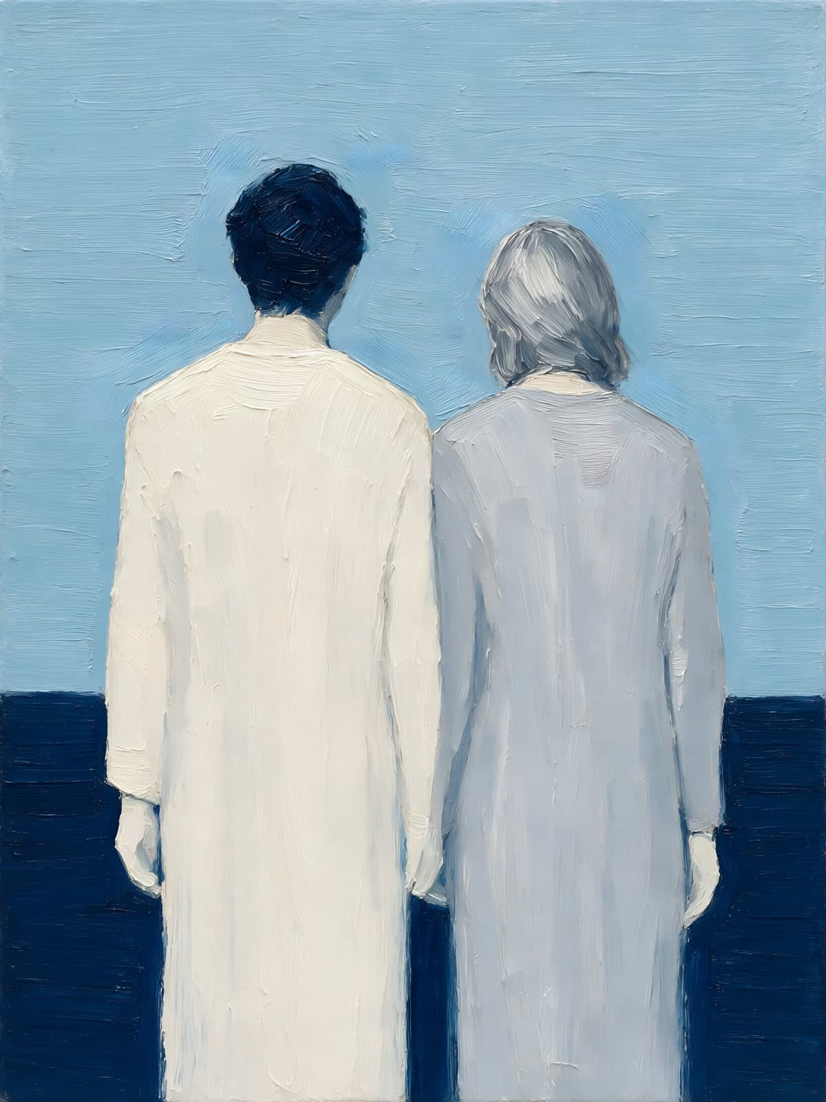 Twee figuren in witte jassen aan zee