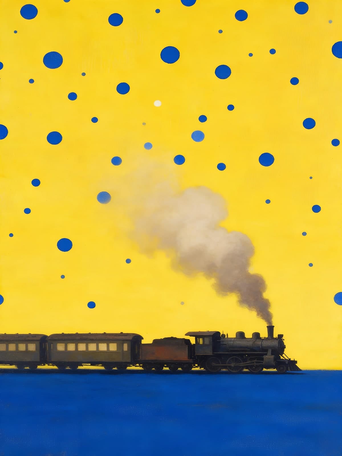 Stoomtrein onder gele lucht met blauwe stippen