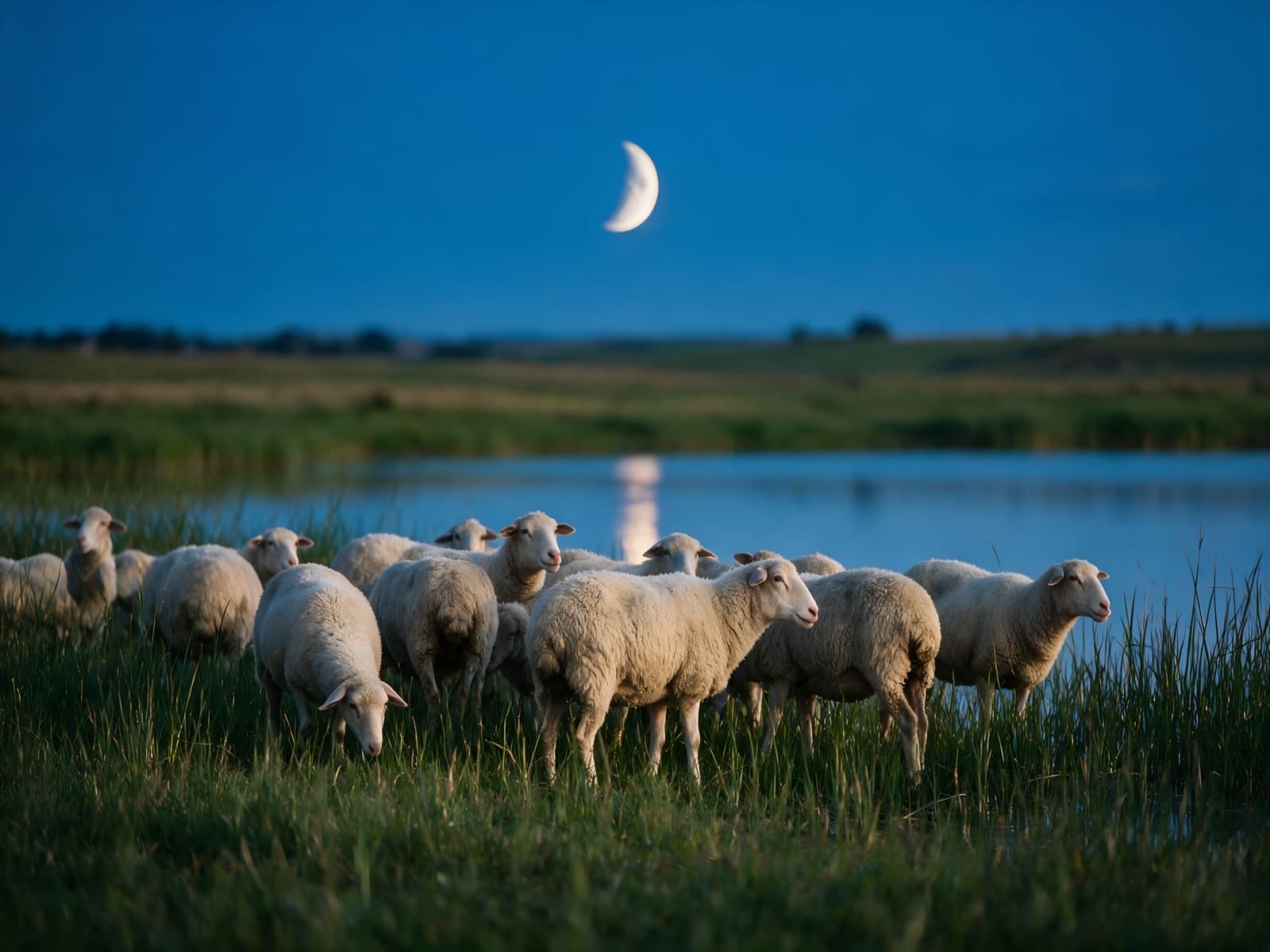 Schapen bij het water onder een maansikkel