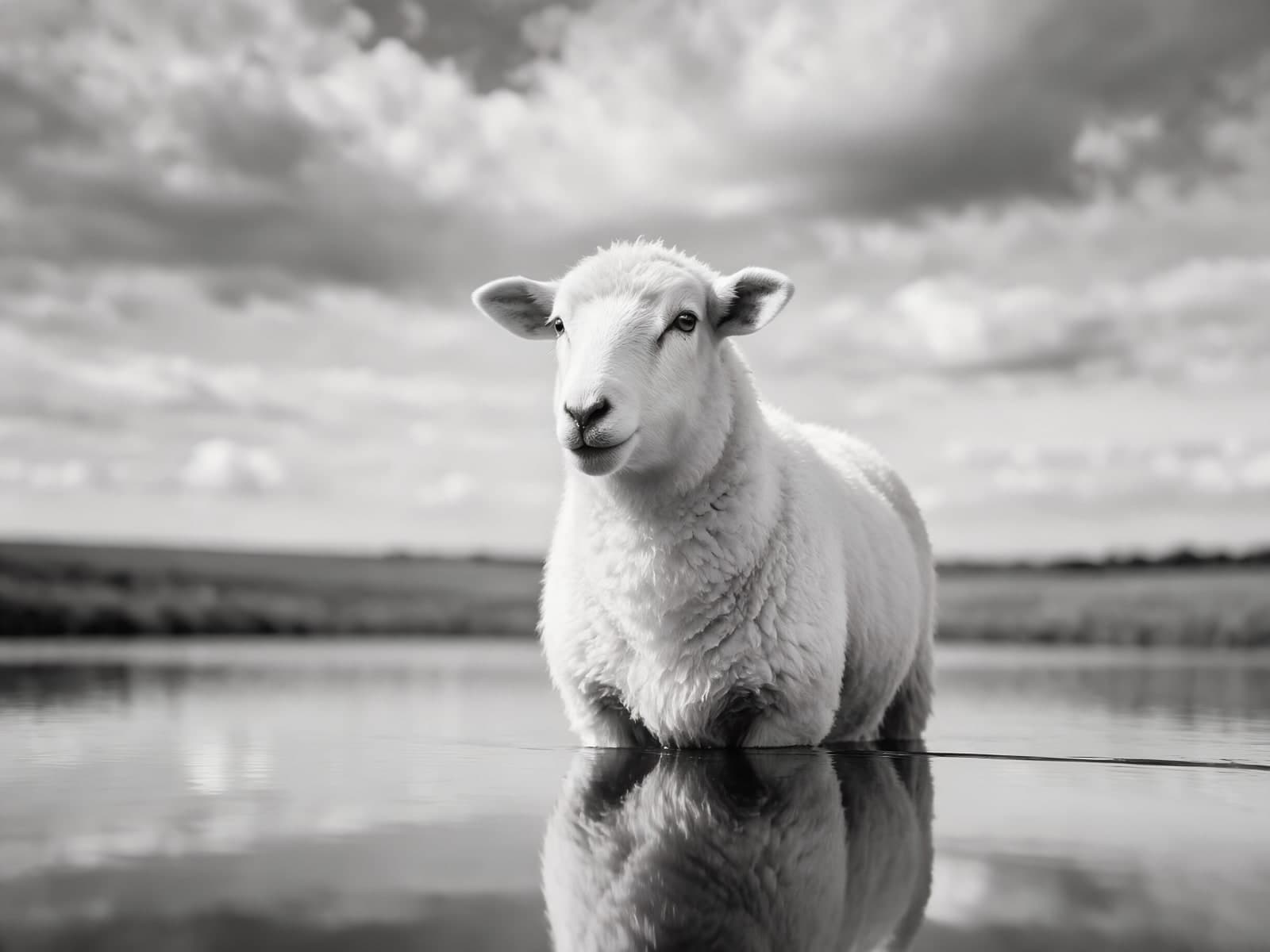 Schaap in ondiep water onder grote wolken