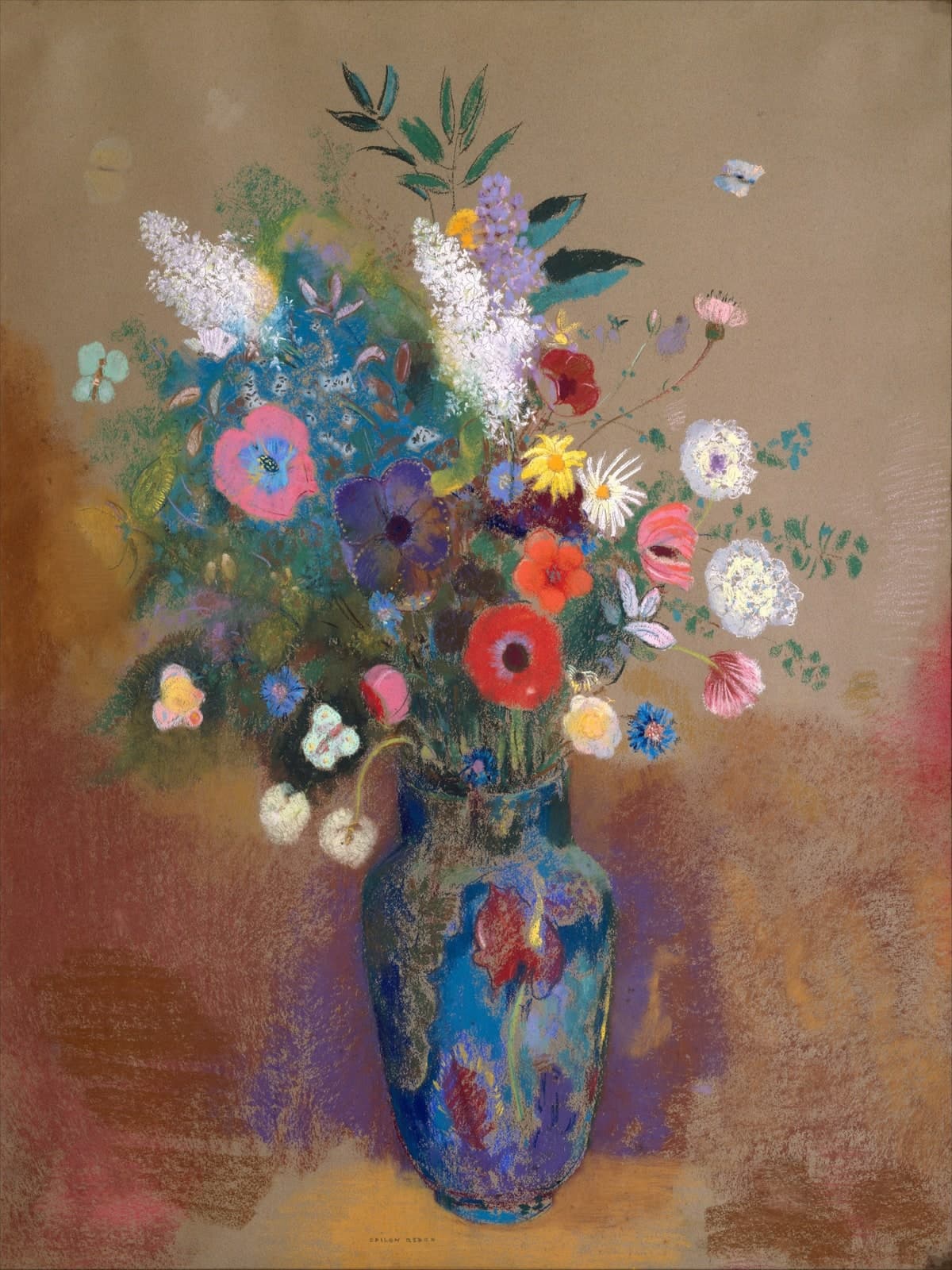 Boeket bloemen in een blauwgemarmerde vaas