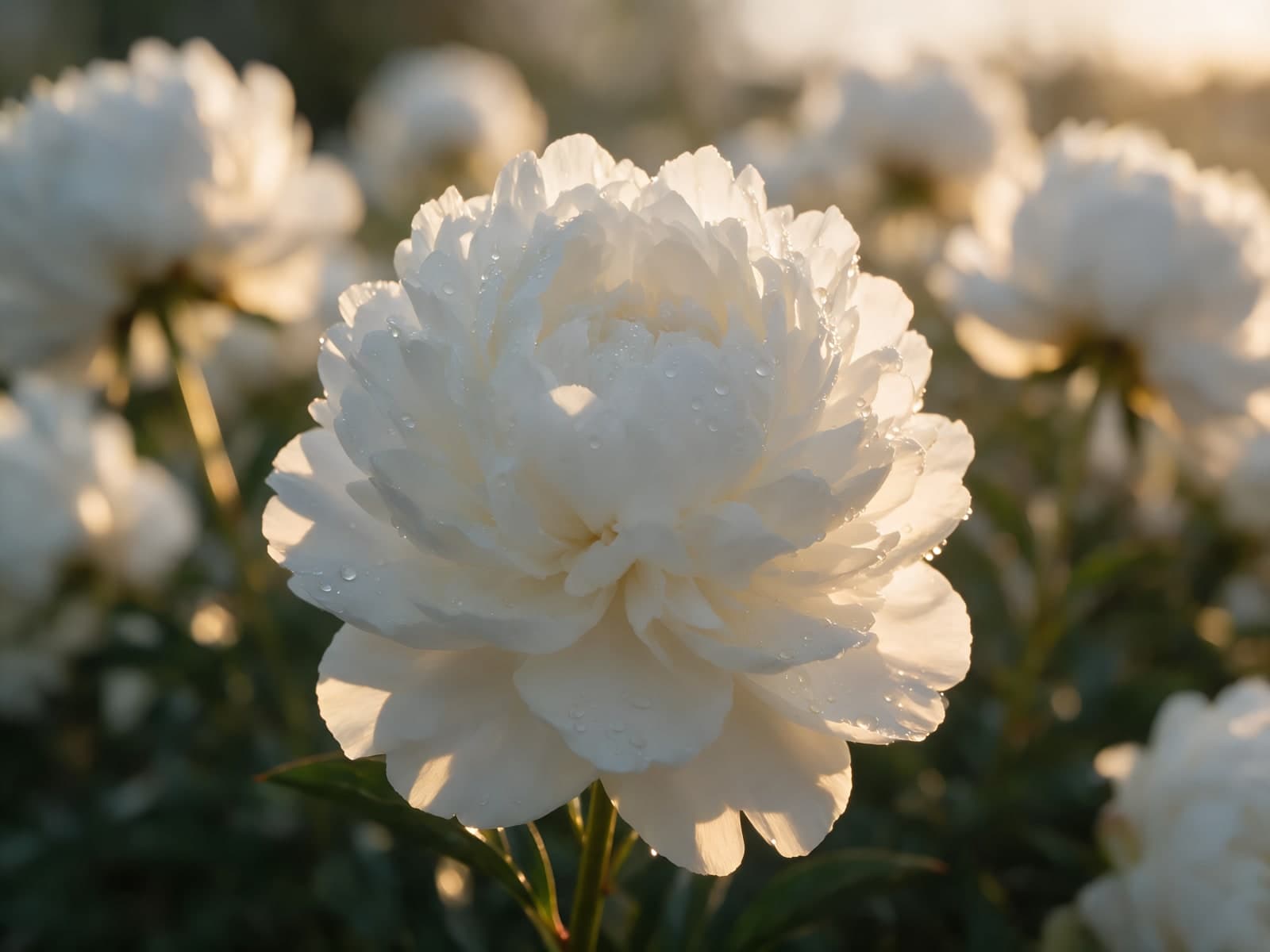 Witte pioenen in gouden tegenlicht