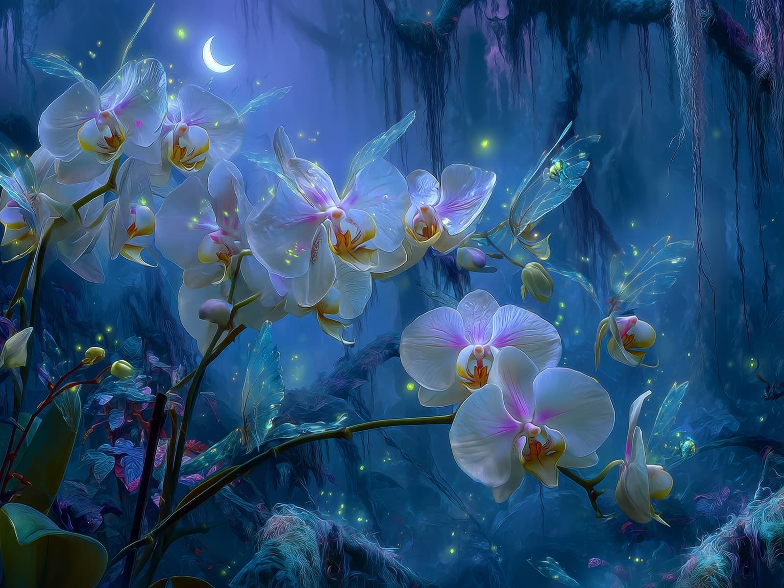 Witte orchideeën onder een maansikkel