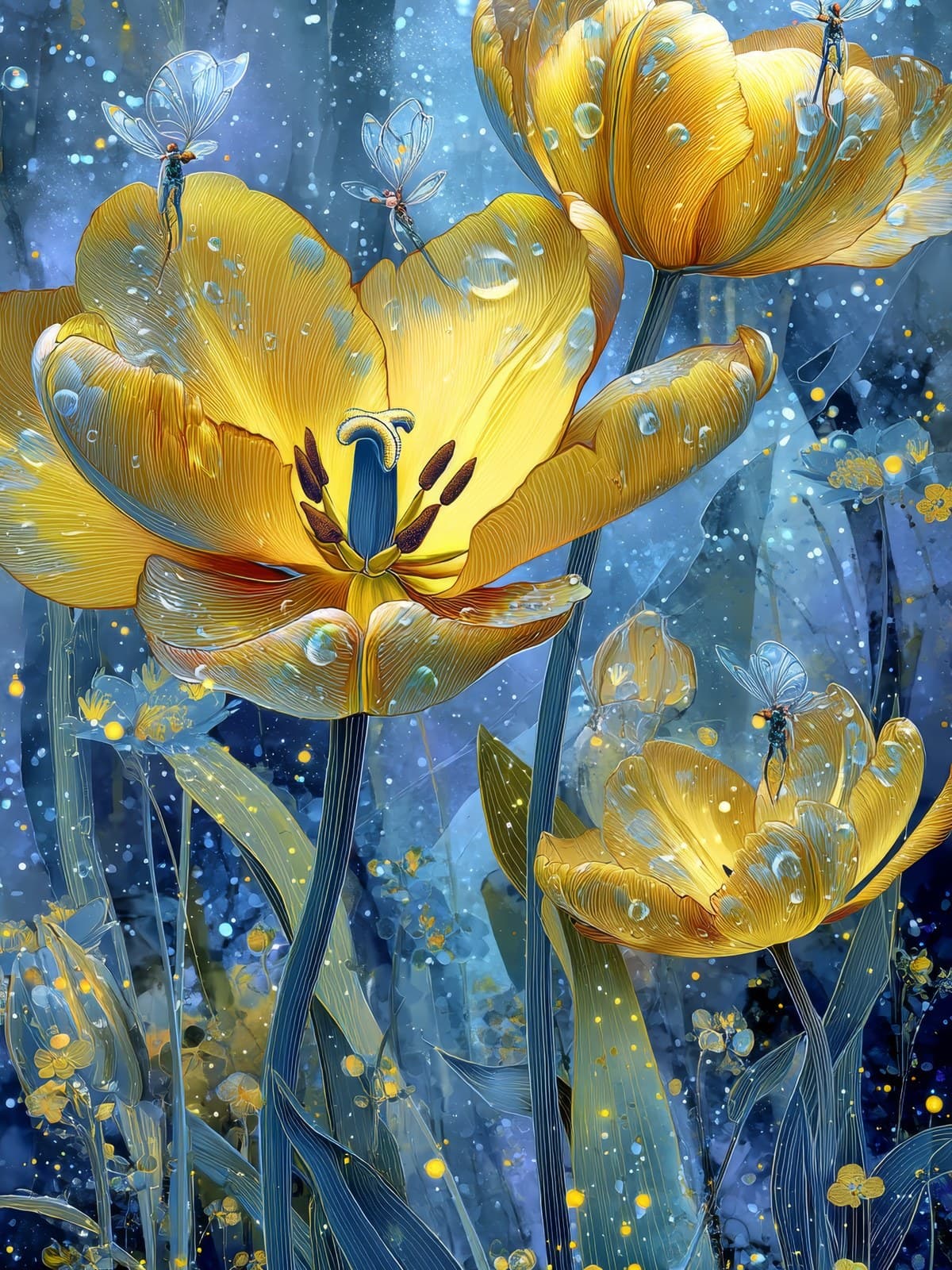 Gele tulpen met waterdruppels