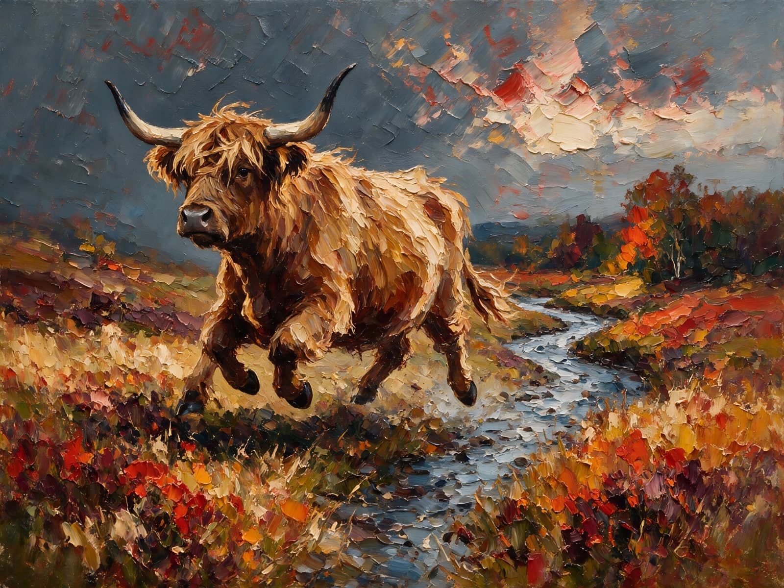 Hooglander rent langs een beek in herfstkleuren