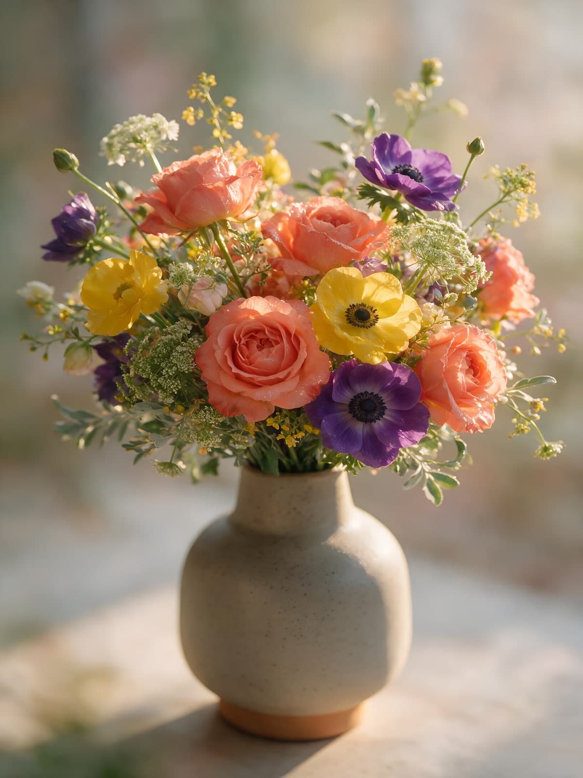 Boeket met roze rozen en paarse anemonen