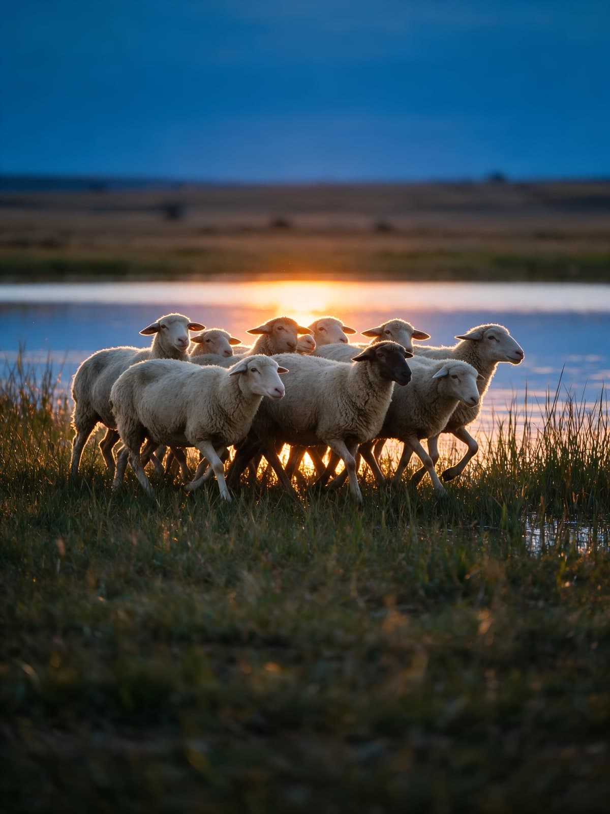 Schapen langs het water bij avondzon