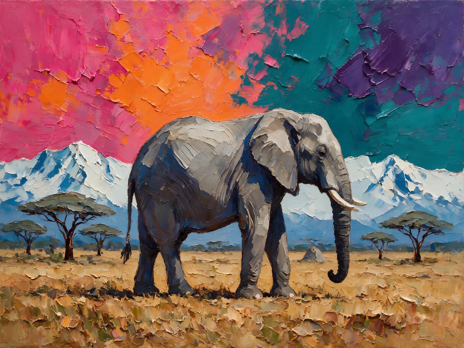 Olifant voor besneeuwde bergen en acacia's