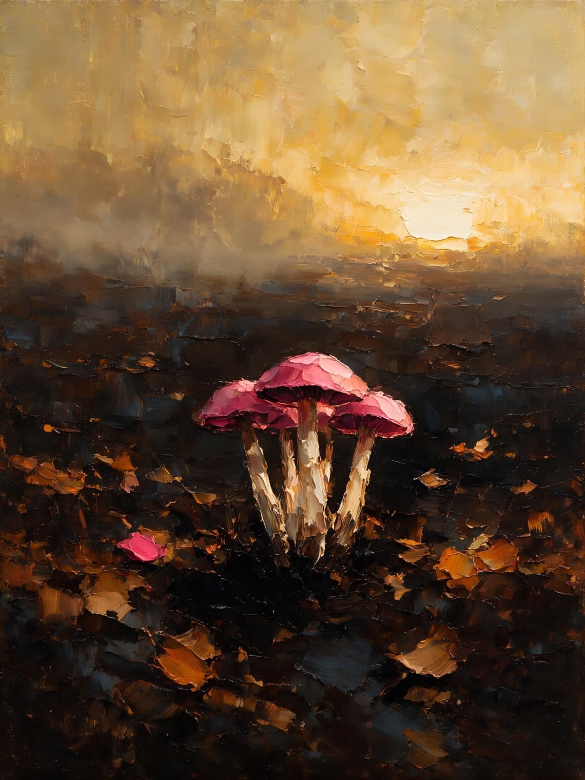 Roze paddenstoelen op een donkere heide