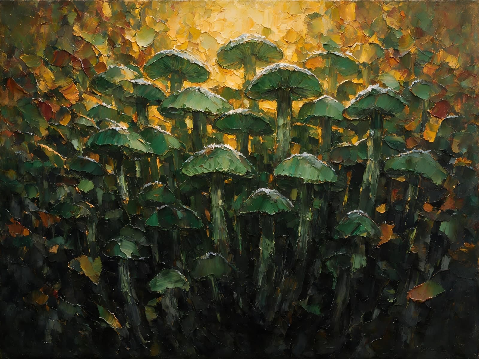 Groene paddenstoelen in goudgeel licht