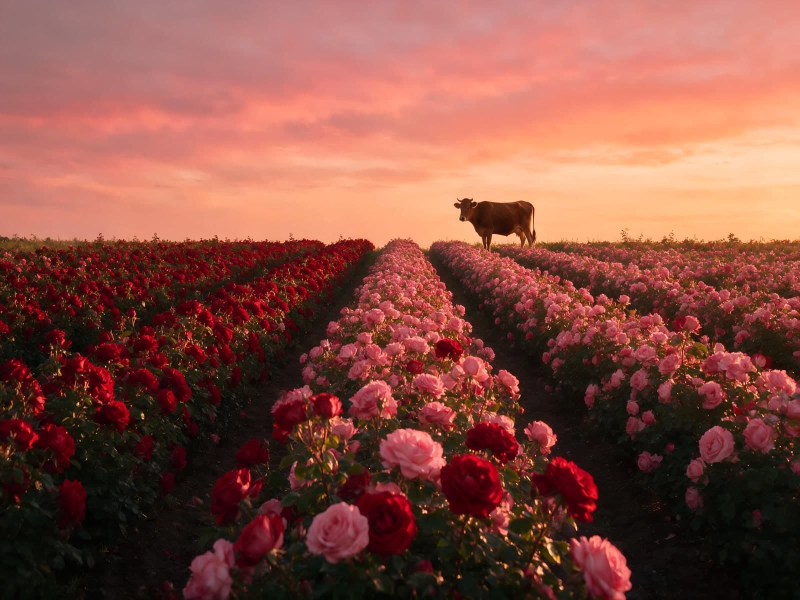Koe boven rozenvelden bij roze zonsondergang