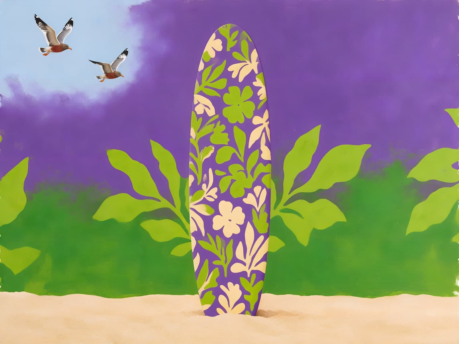 Surfplank met bloemen en twee meeuwen