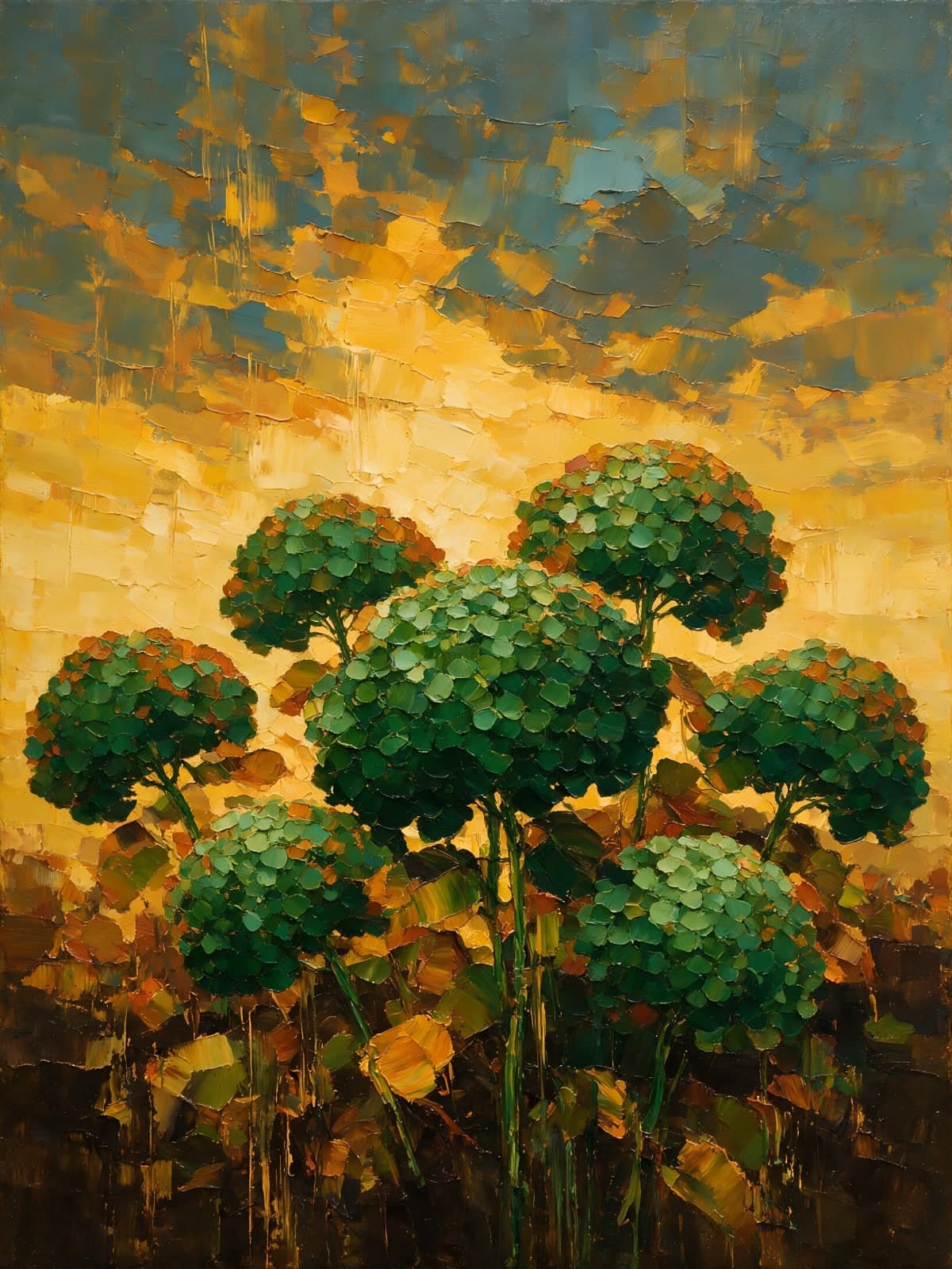 Groene hortensia's onder een gouden lucht