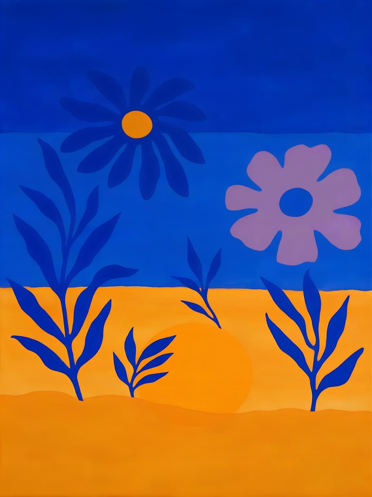 Blauwe bladvormen boven een oranje horizon