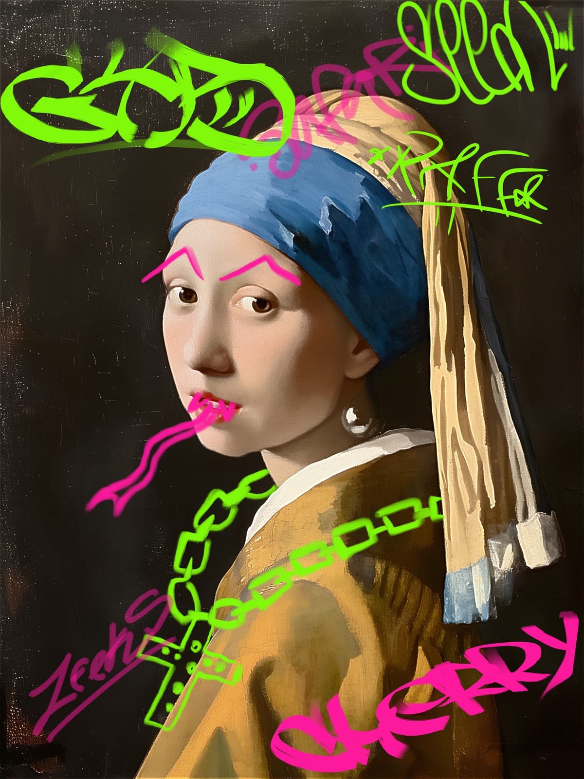 Meisje met blauwe tulband en roze tong