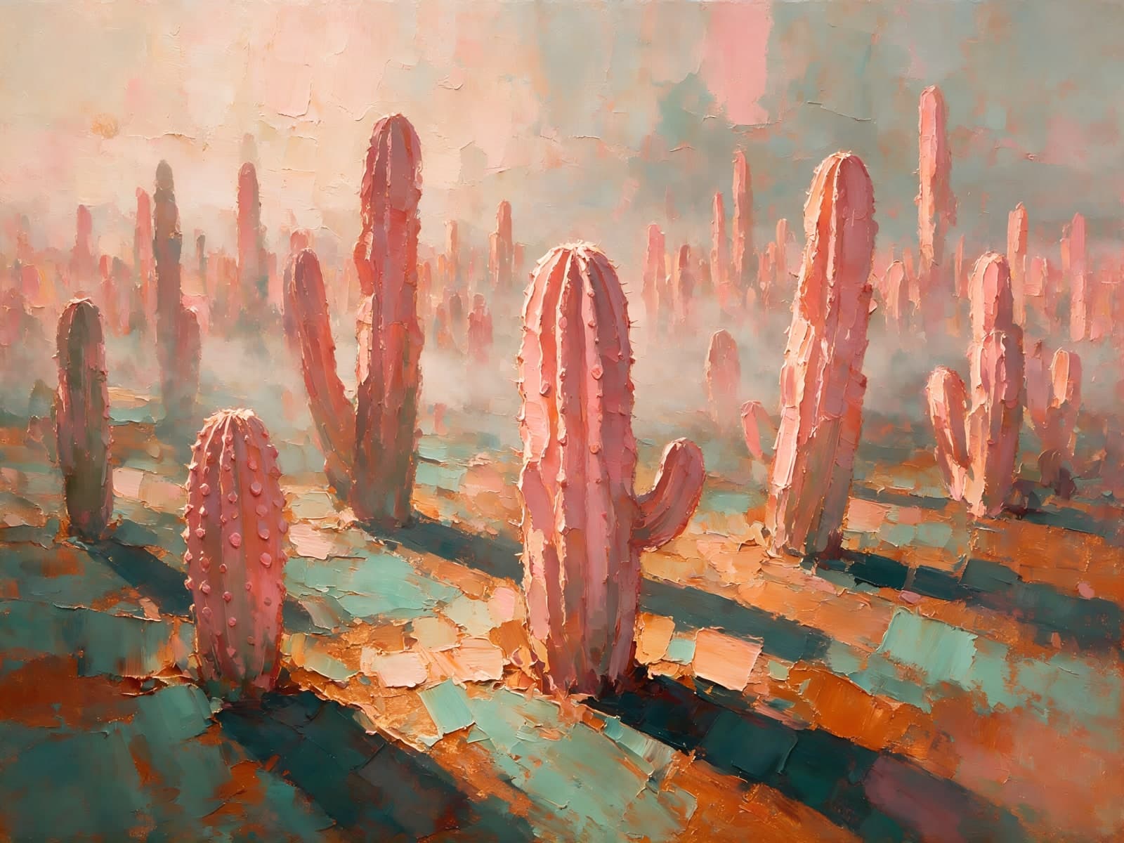 Roze cactussen in een mistig woestijnlandschap