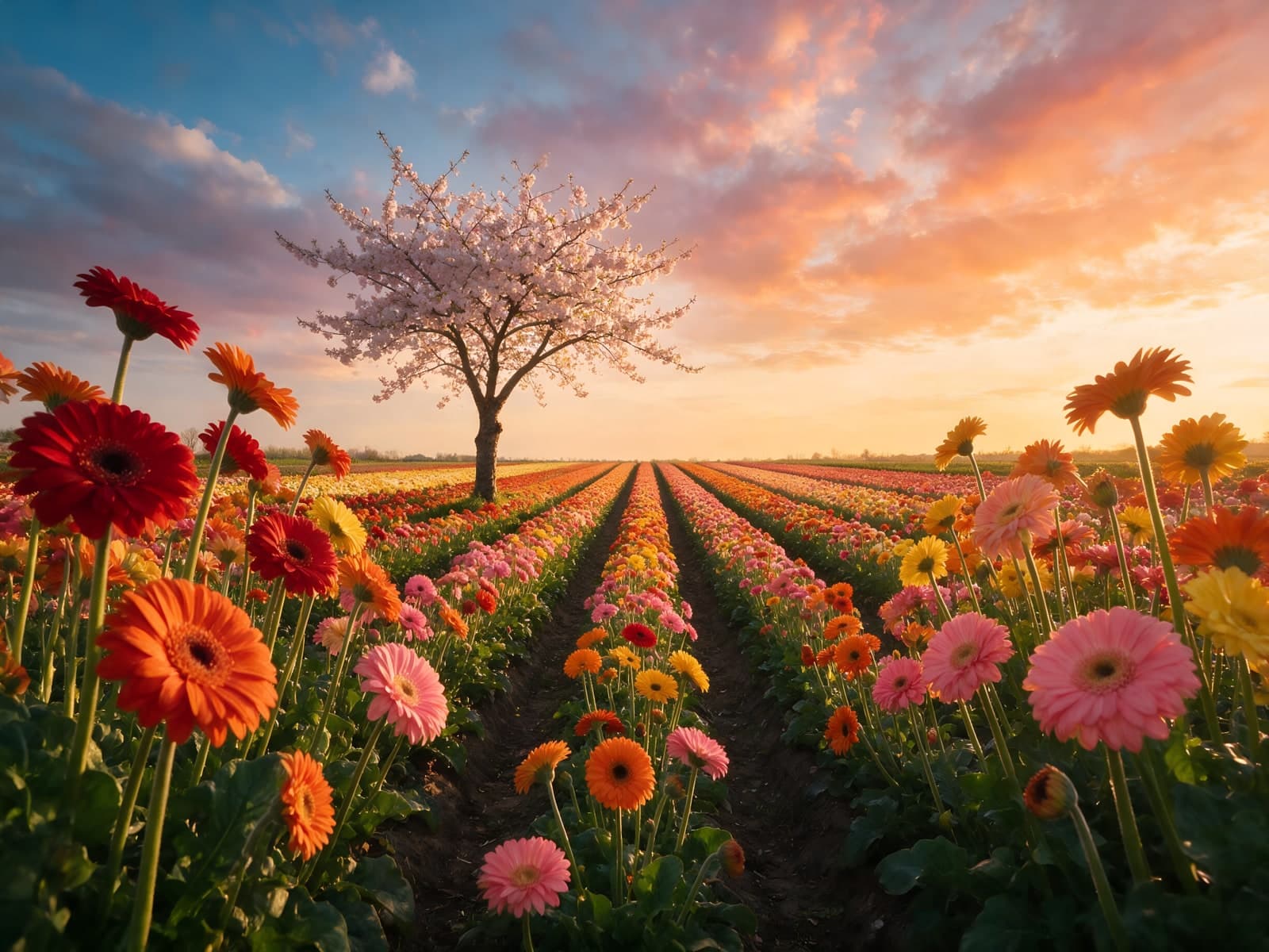Gerberarijen met bloeiende boom bij zonsondergang
