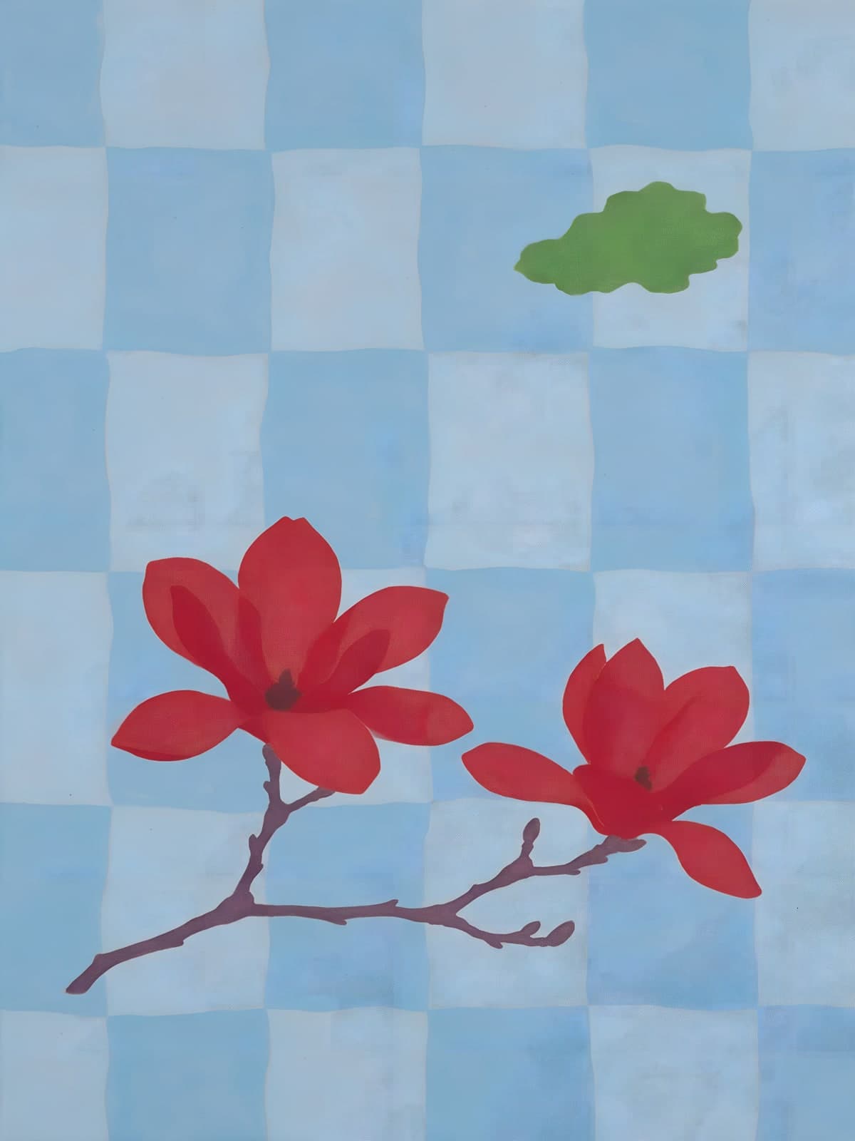 Twee rode bloemen voor lichtblauwe ruiten