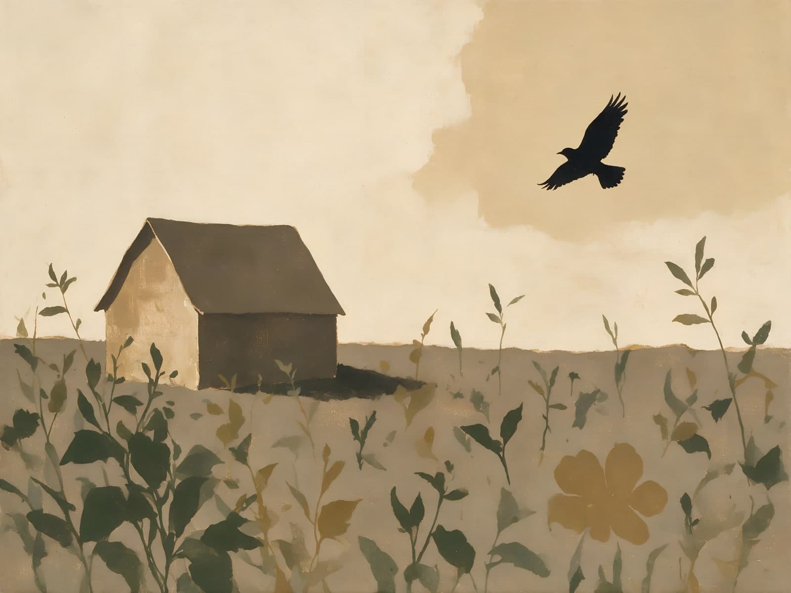 Zwarte vogel boven schuurtje in beige veld