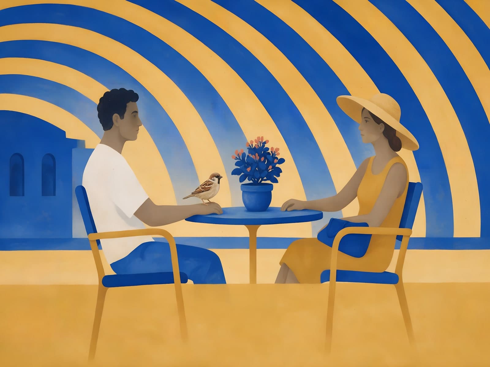 Stel aan tafeltje onder blauwe bogen