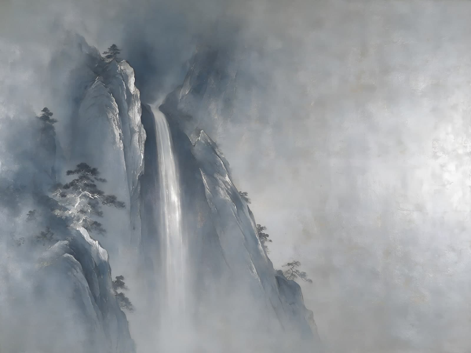 Waterval tussen rotsen in grijze mist