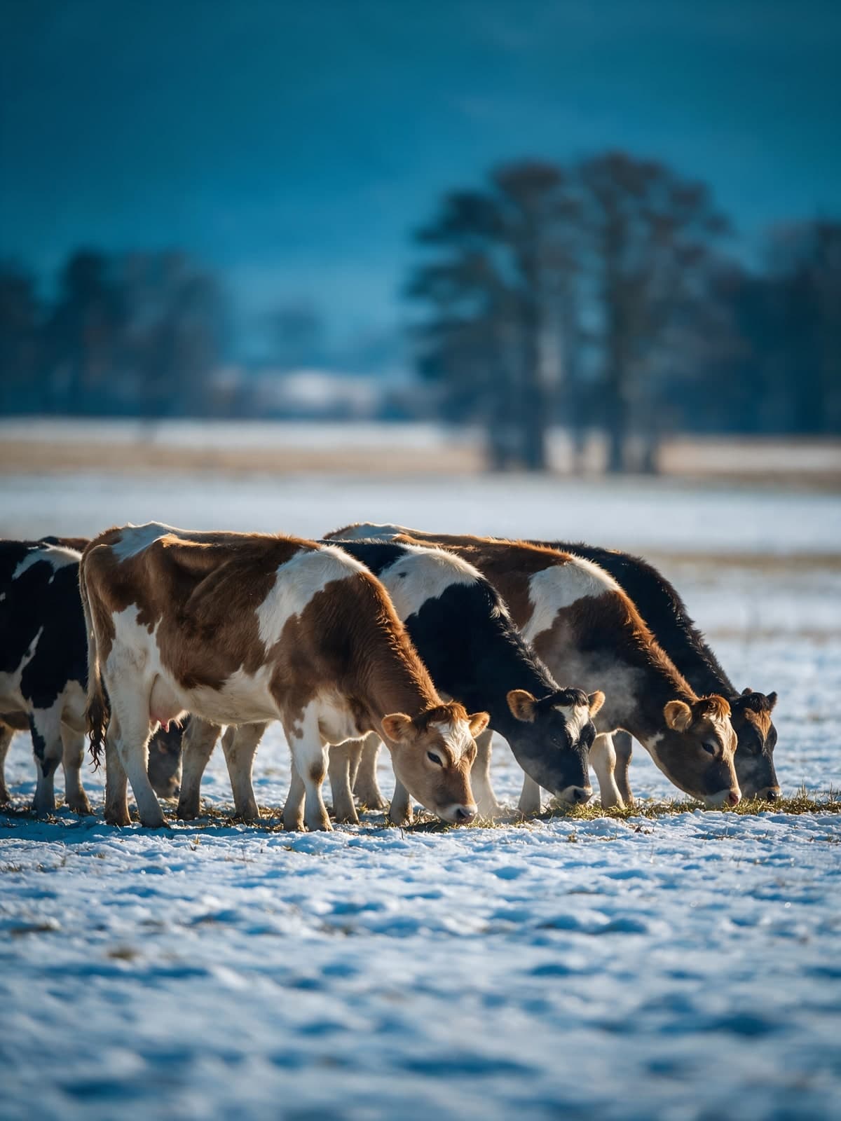 Koeien grazen in besneeuwd weiland