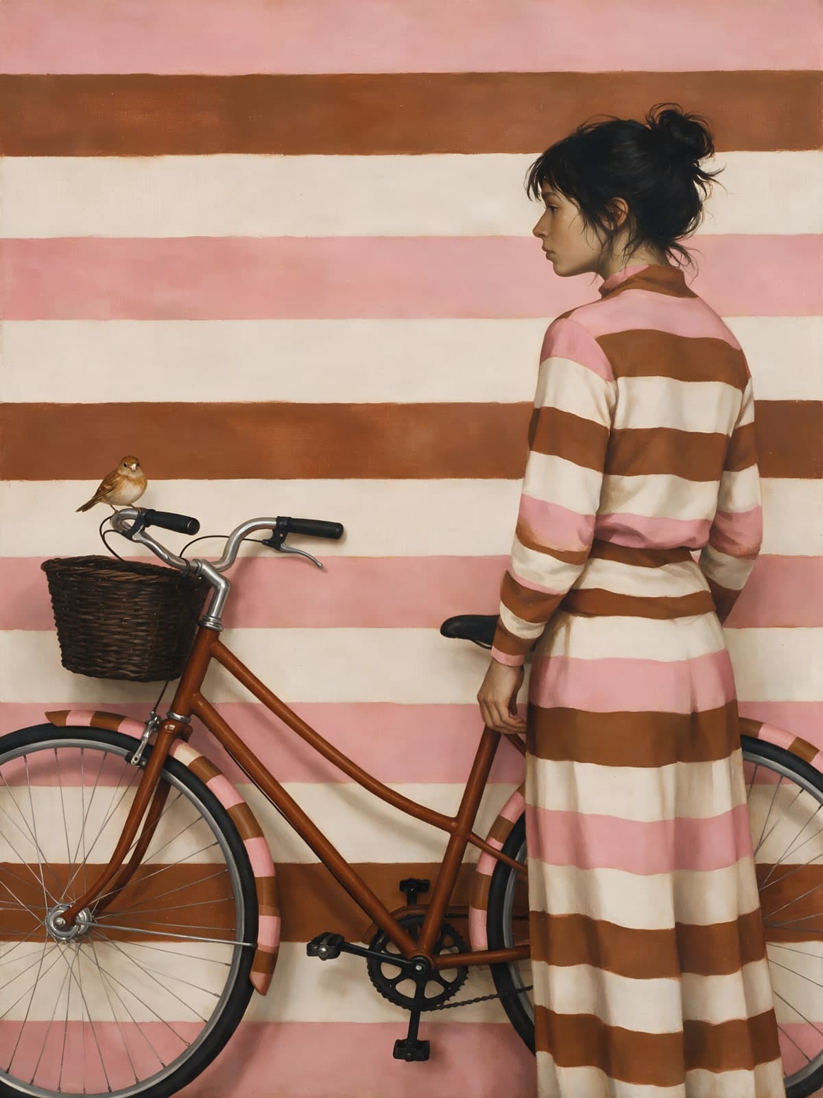 Gestreepte jurk bij fiets met mand