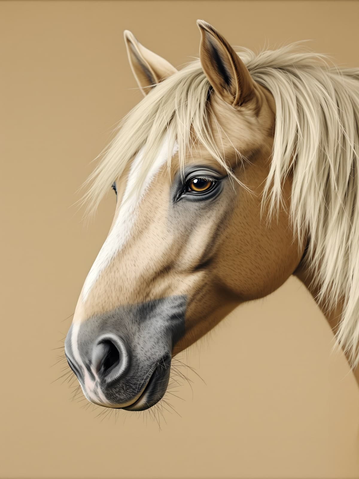 Paardenhoofd met lichte manen in profiel