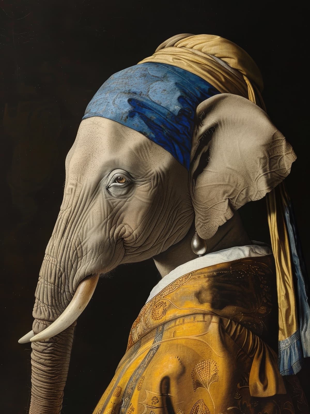 Olifant met blauwe tulband en gele jas
