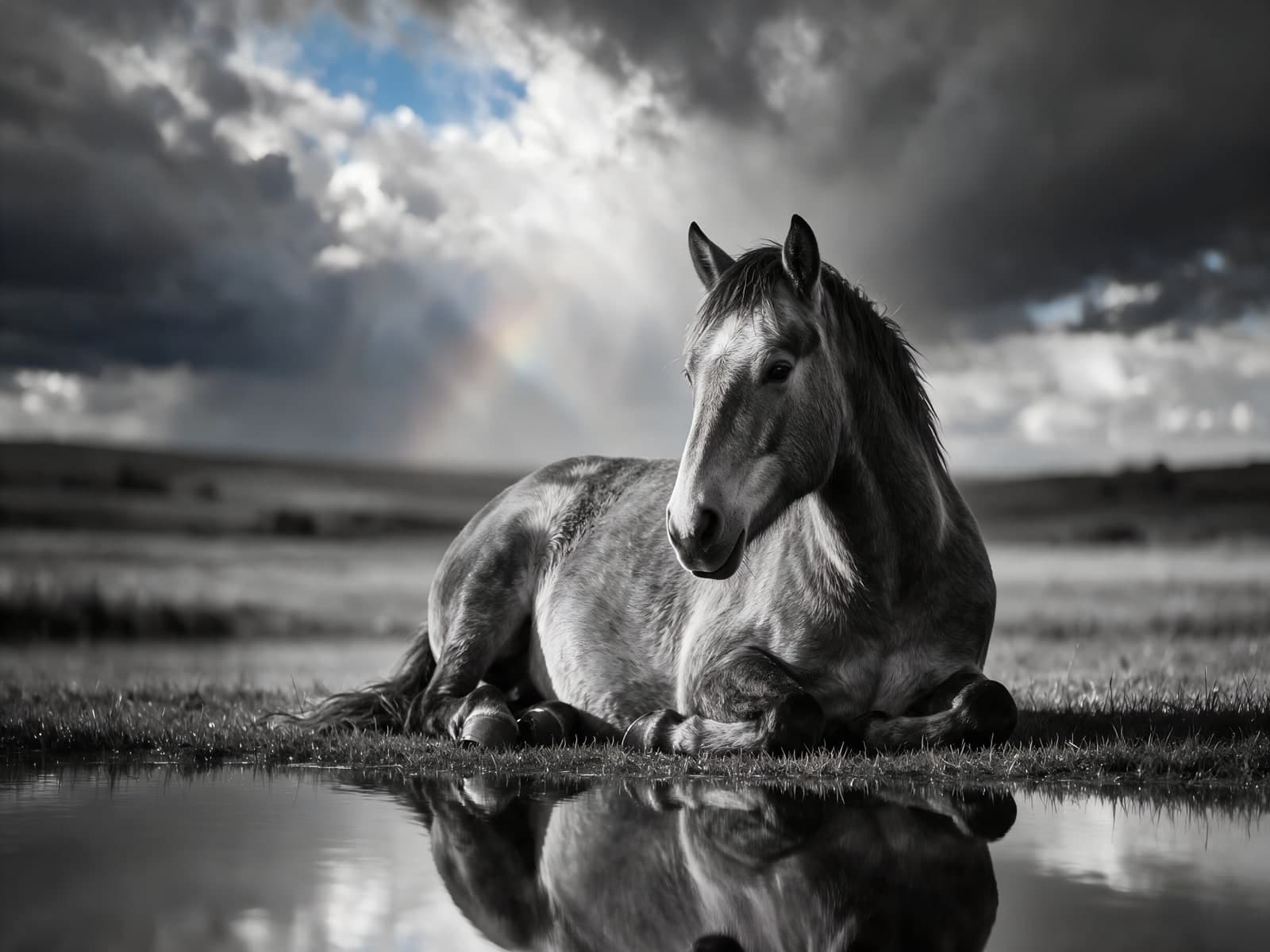 Liggend paard bij een regenboog