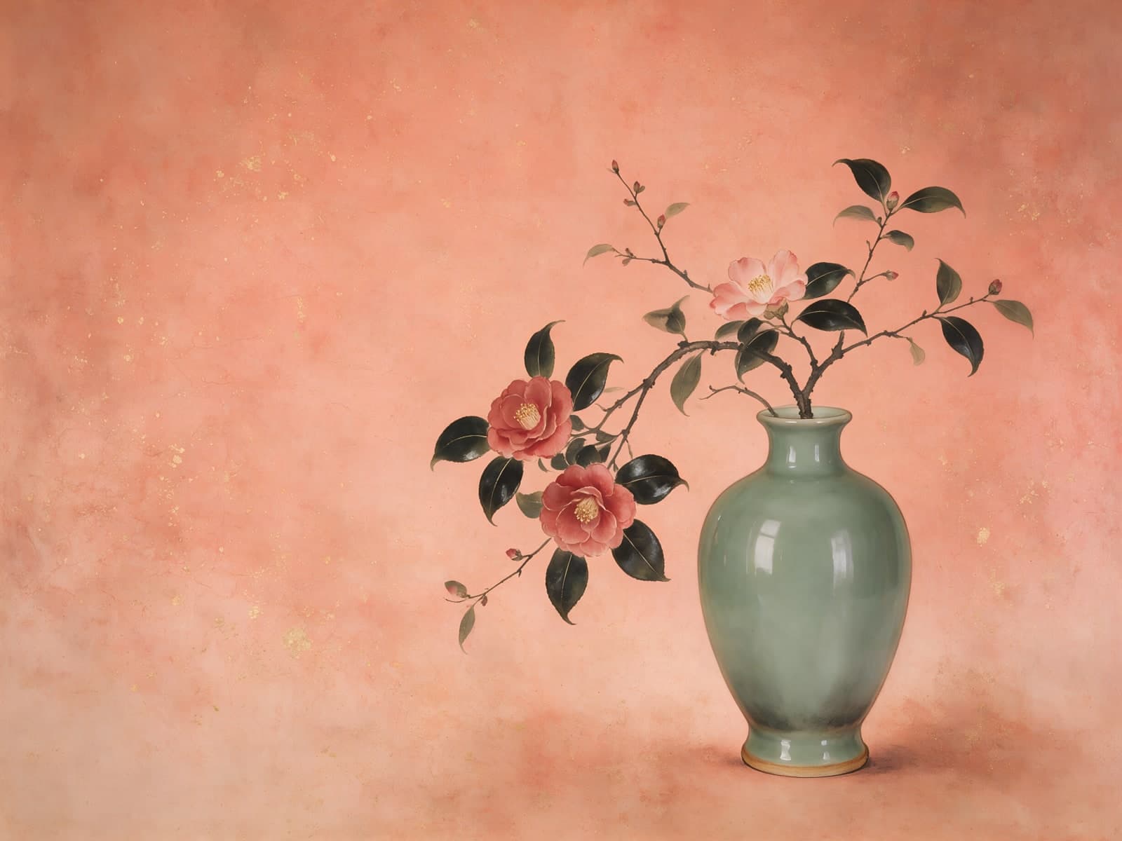 Roze camelia's in een jadegroene vaas