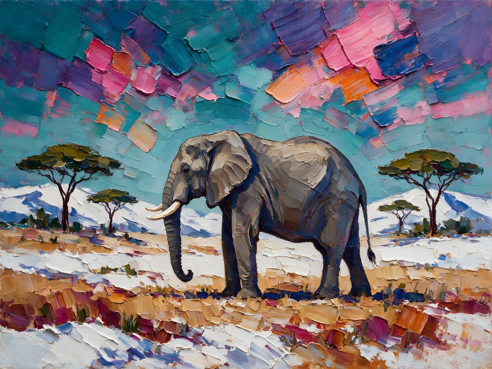 Olifant op besneeuwde grond met bonte lucht