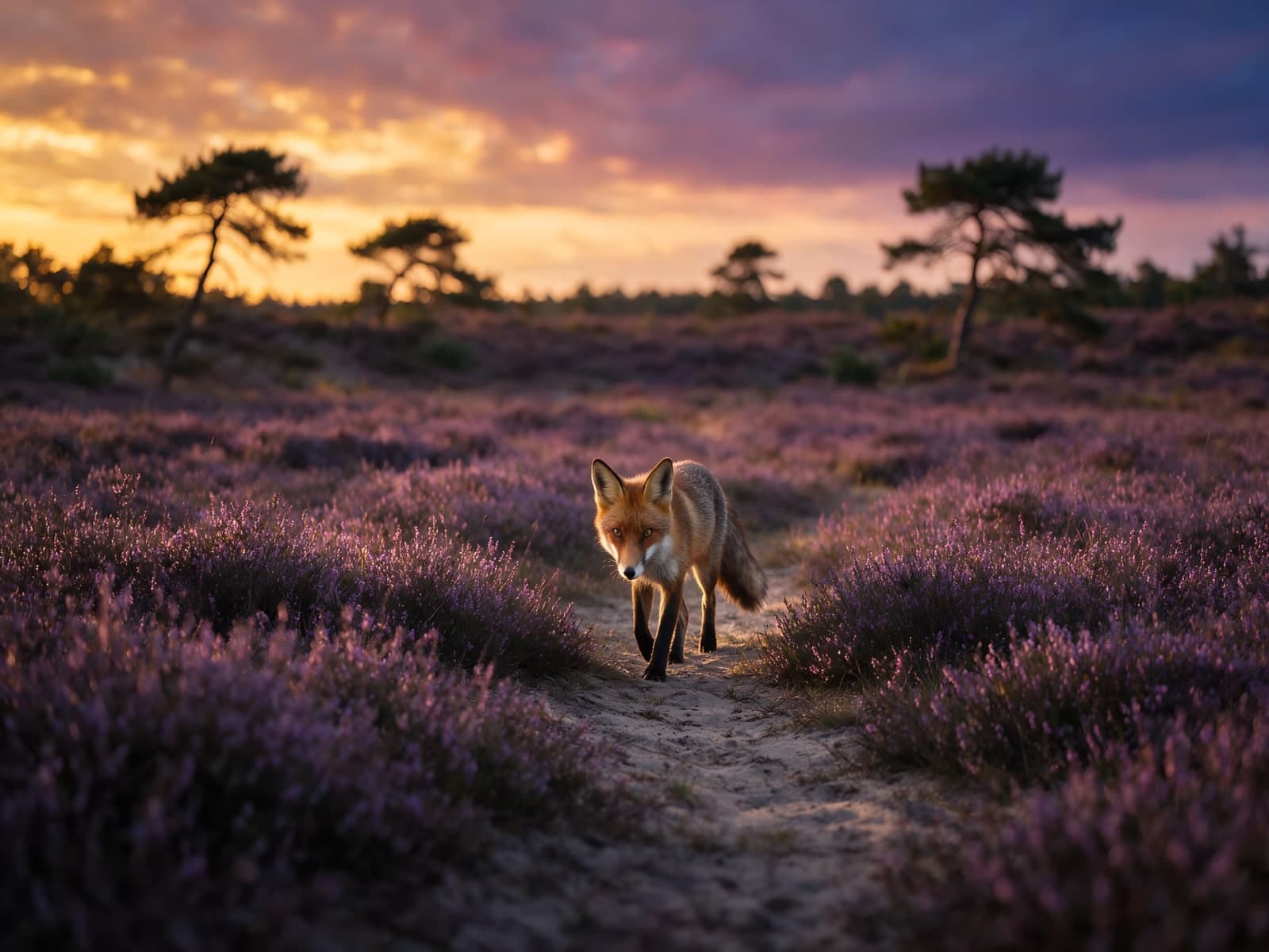 Vos op het pad door paarse heide