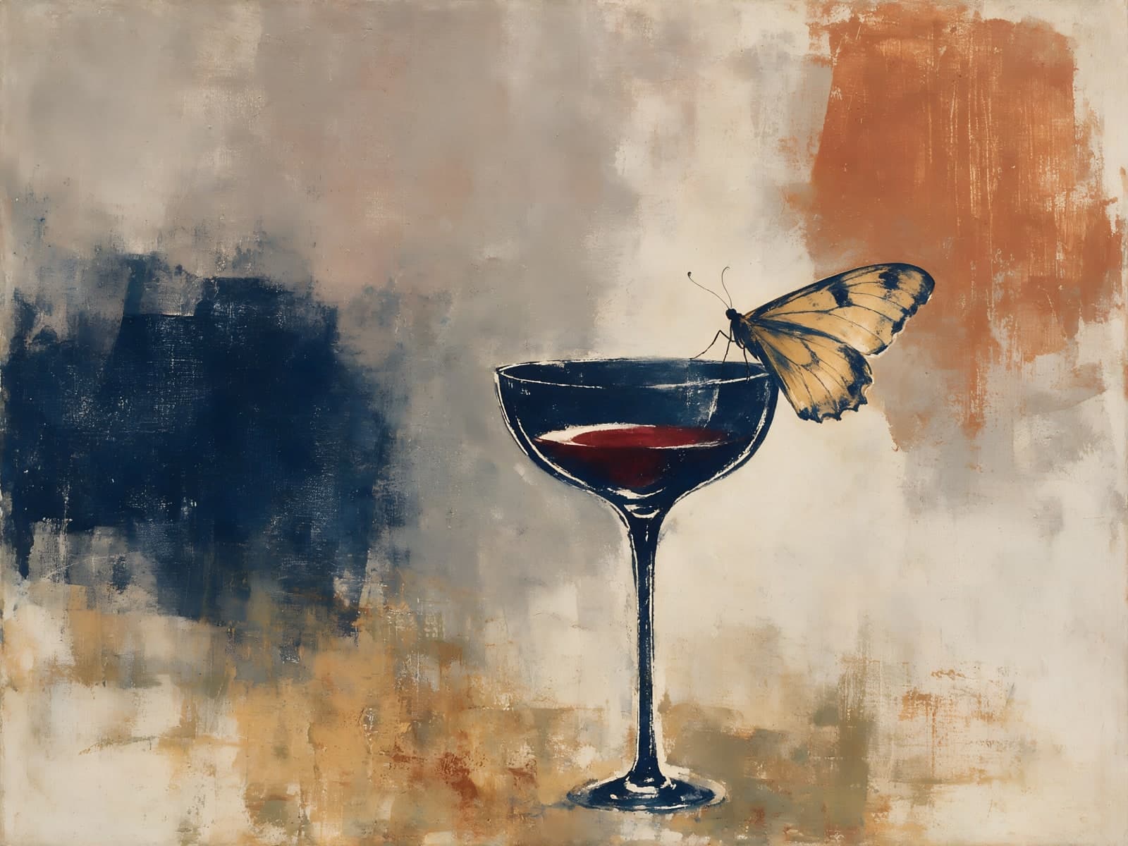 Cocktailglas met vlinder op abstracte achtergrond