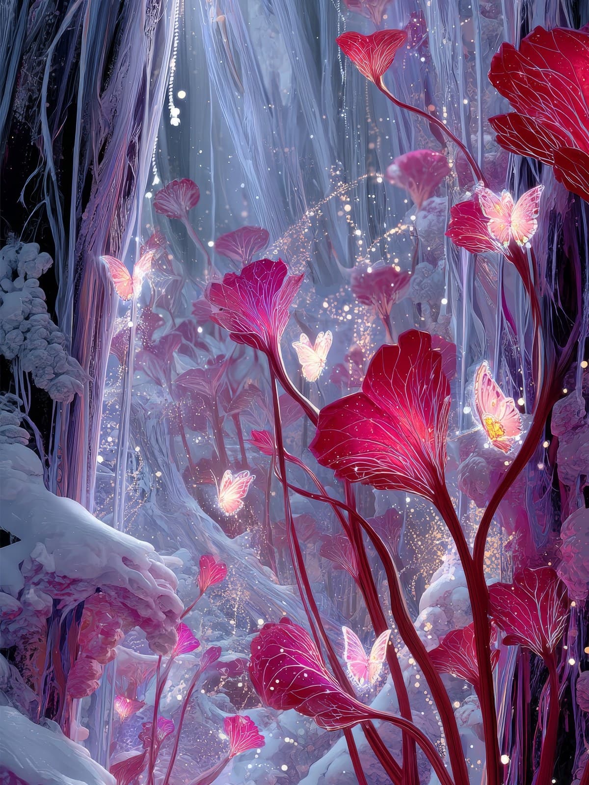 Karmozijnrode bloemen tussen witte ijsvormen