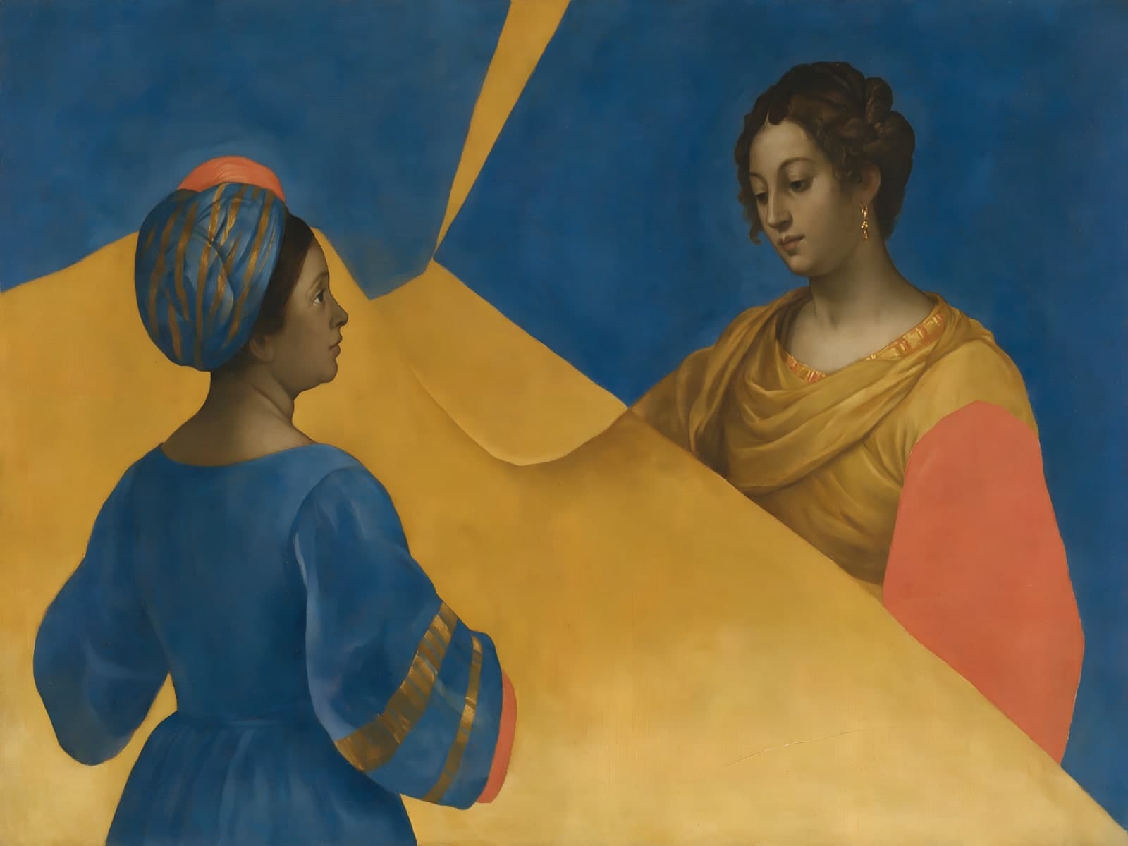 Twee vrouwen voor gele en blauwe vlakken