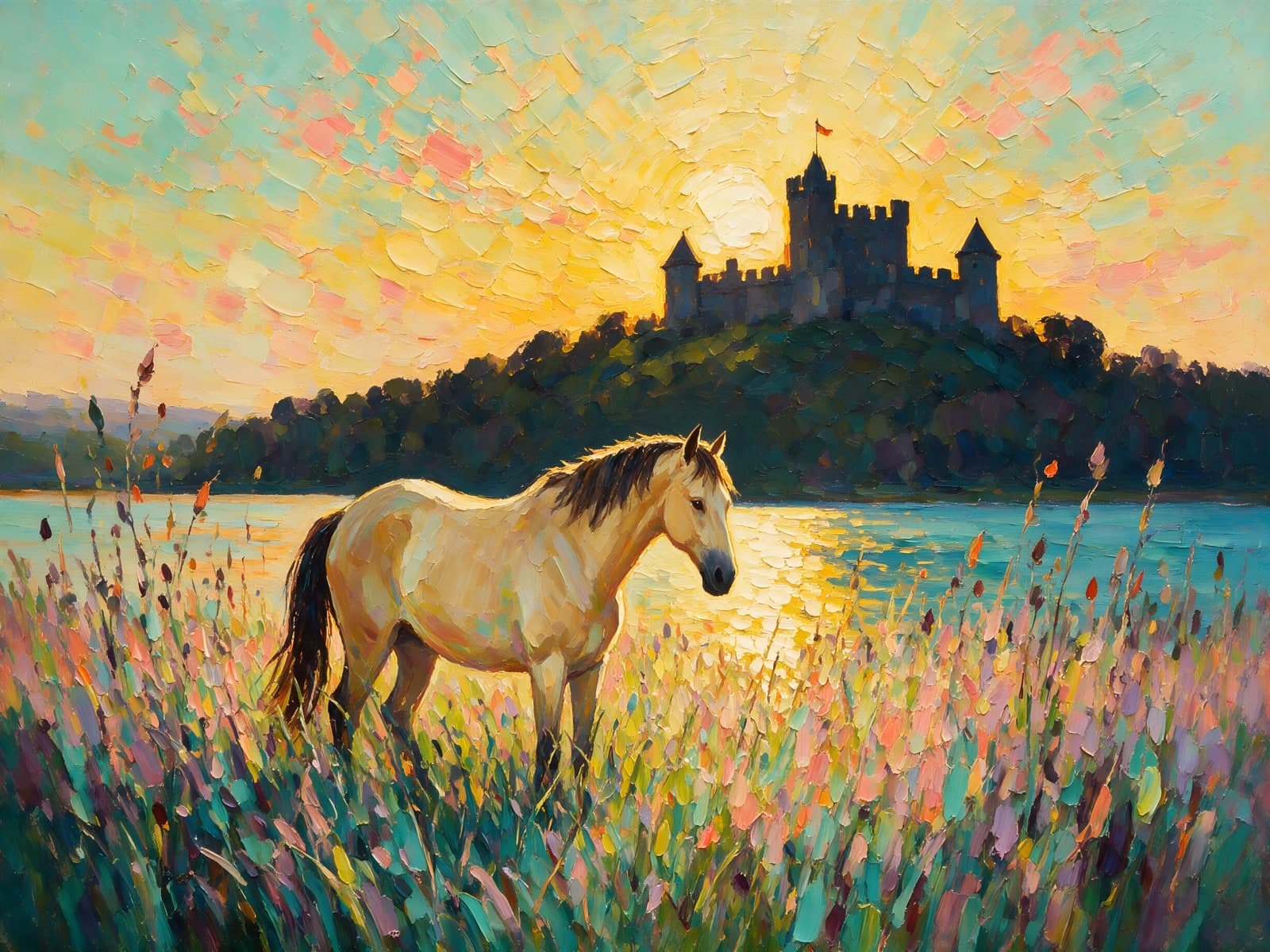 Lichtgeel paard voor kasteel aan het meer
