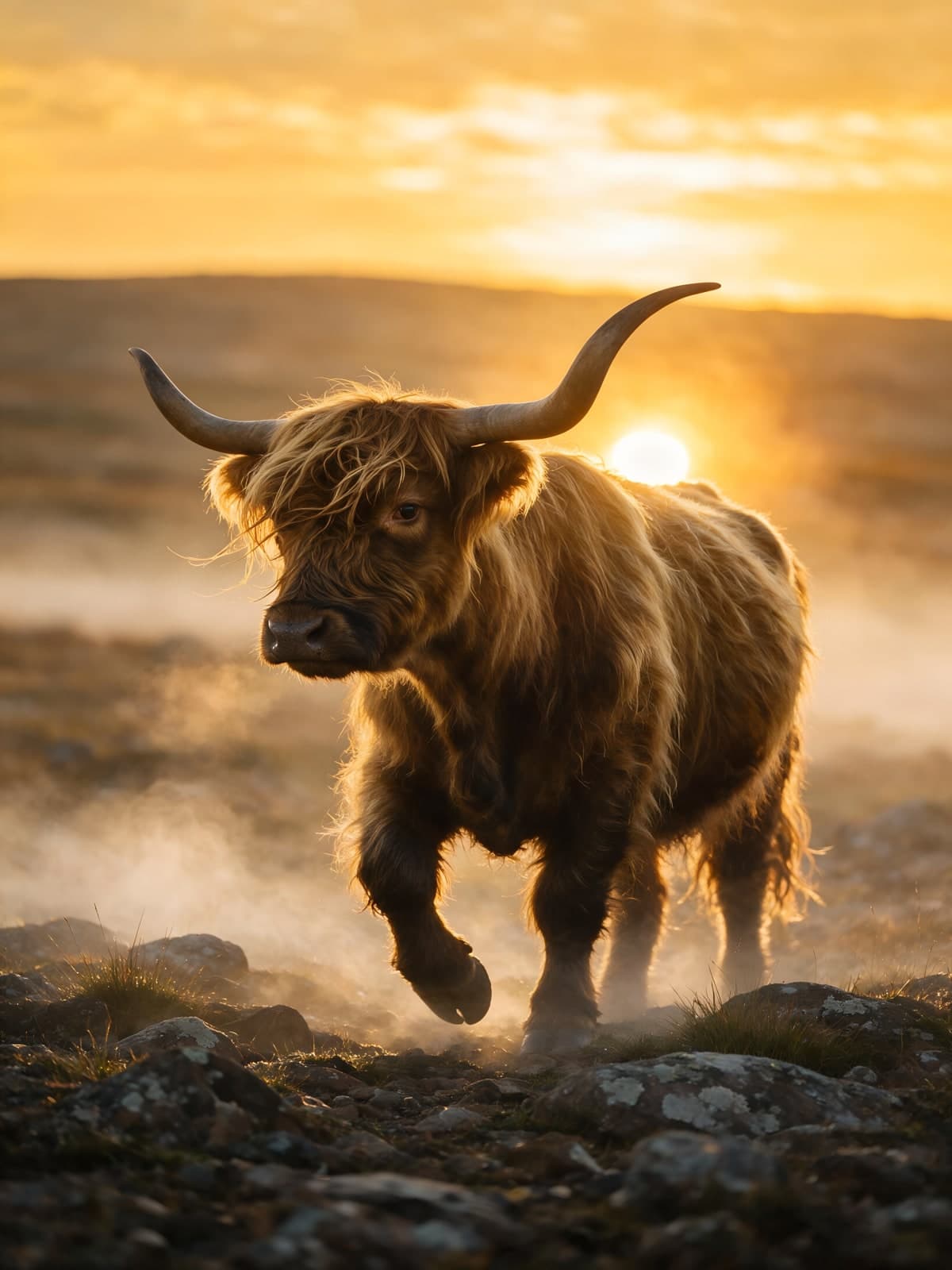 Hooglander in tegenlicht op mistige heuvel