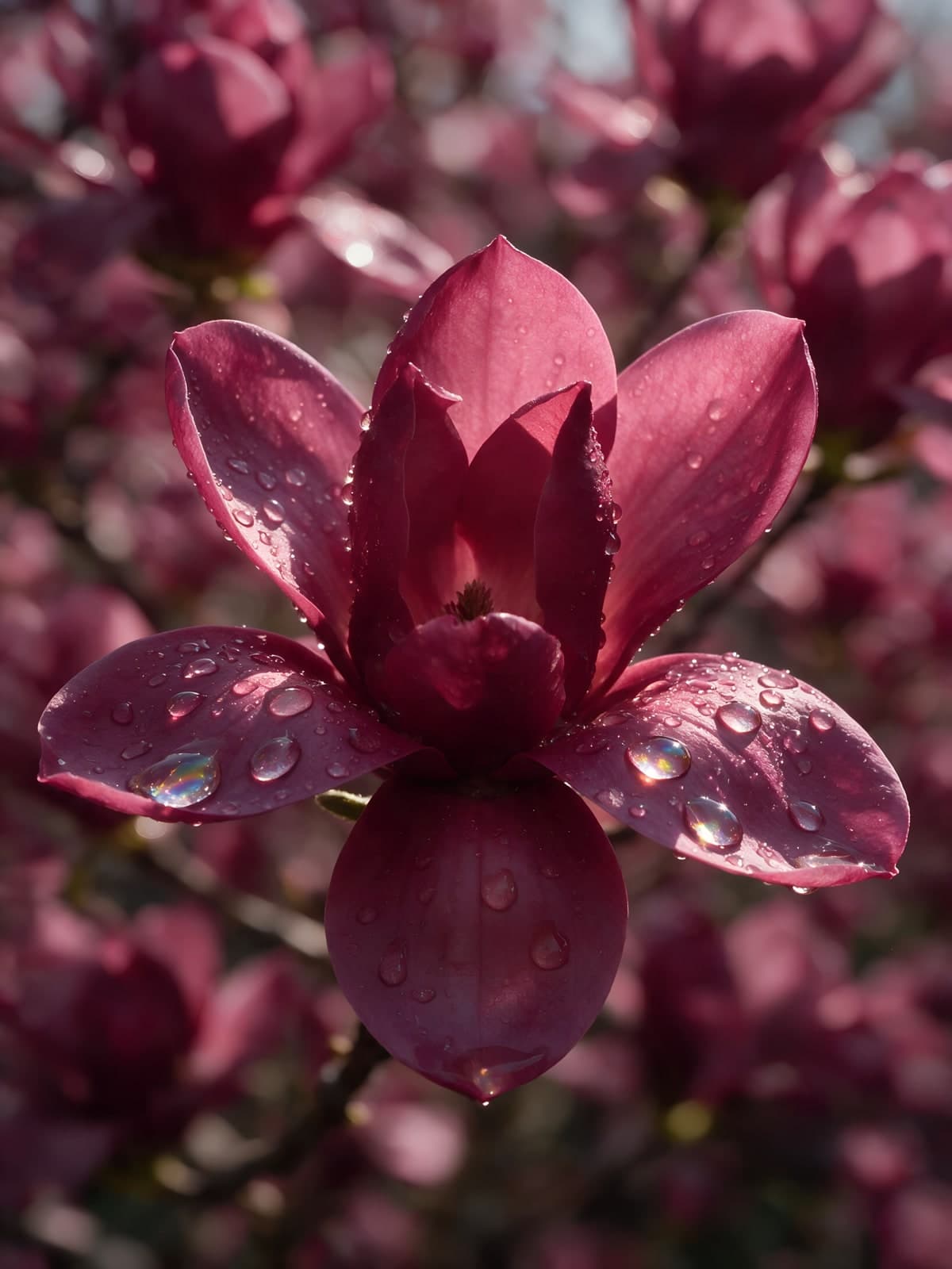Donkerroze magnolia met regendruppels