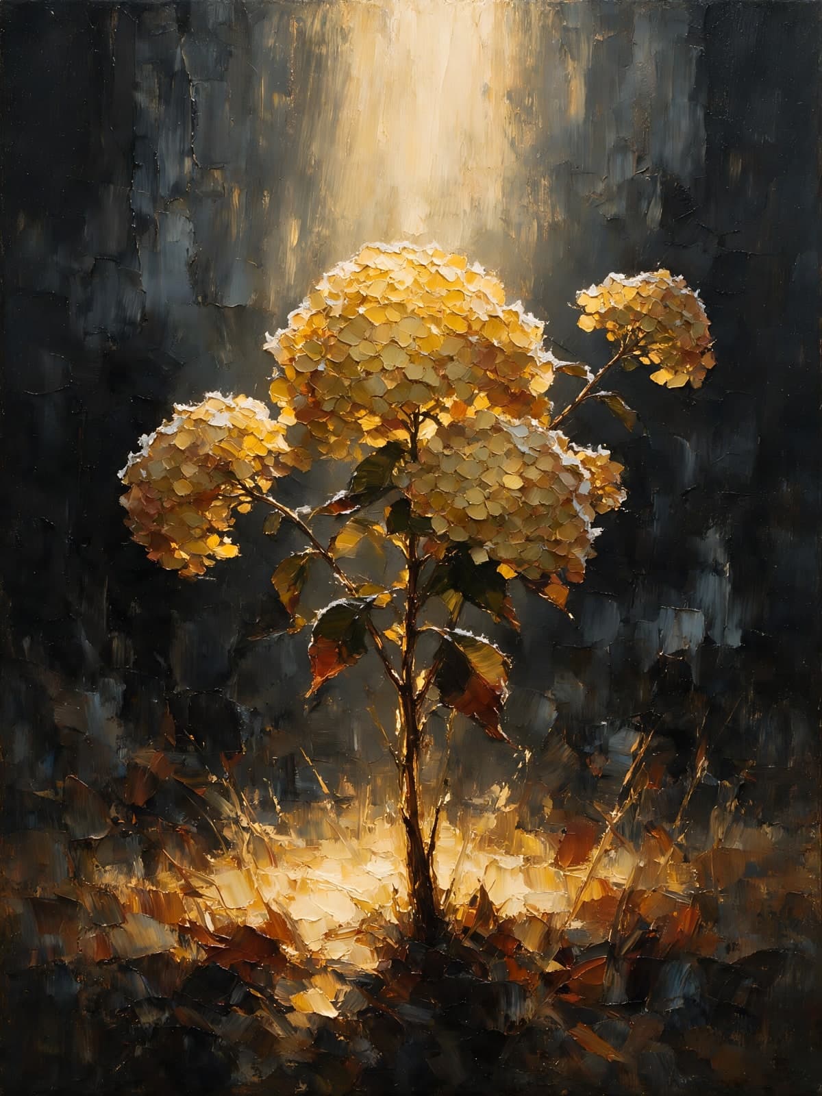 Gouden hortensia in een lichtbundel