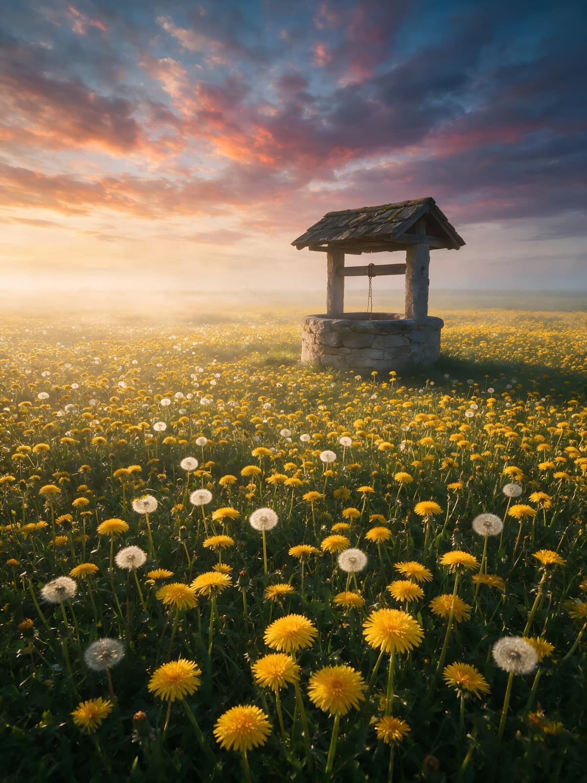 Waterput in een veld paardenbloemen