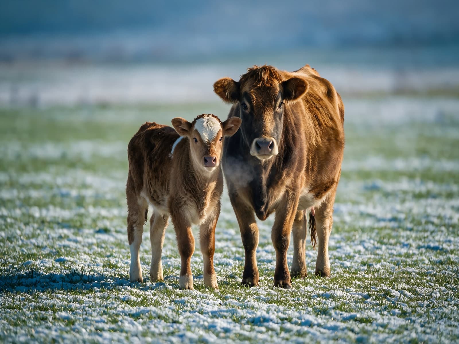 Koe met kalf op berijpt gras