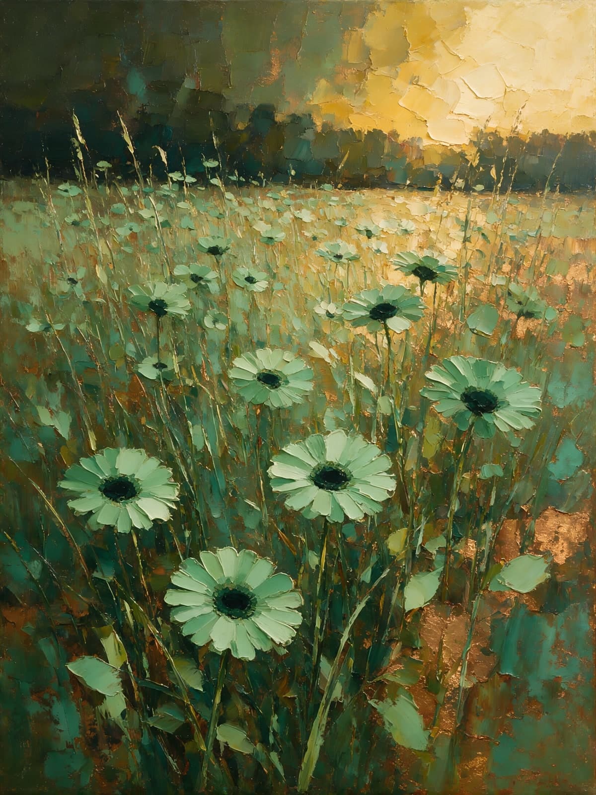Groene madeliefjes in een veld bij avondlicht