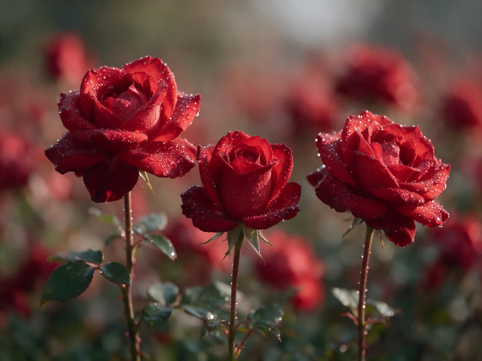 Drie rode rozen in dauwig ochtendlicht